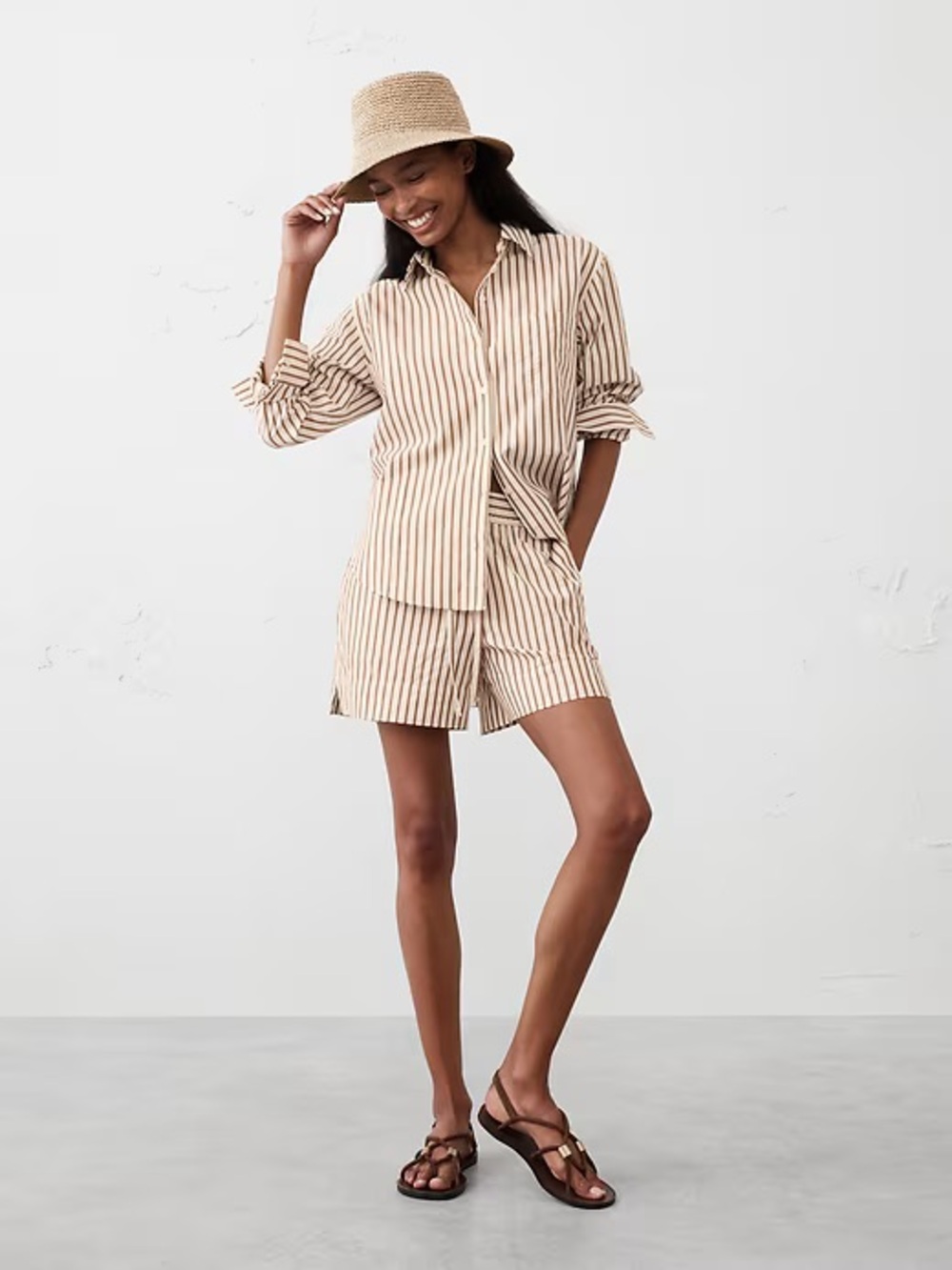 Women’s Casual Long-Sleeve Striped Button-Down Shirt in Beige and Brown